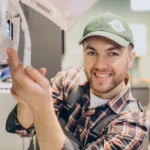 "Professional HVAC technician performing maintenance on an air conditioning unit."