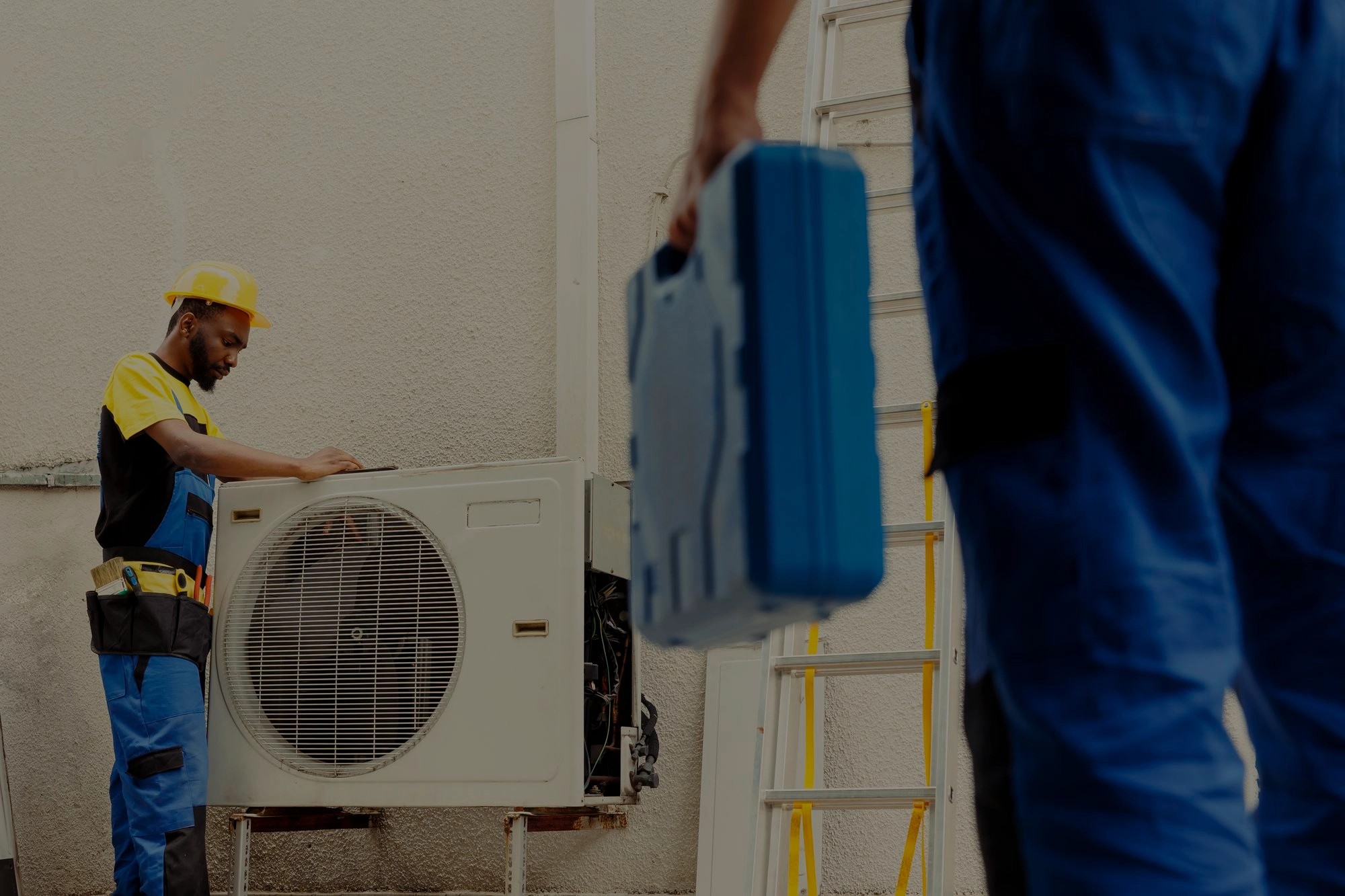 "Professional HVAC technician servicing an air conditioning unit, perfect for HVAC repair and maintenance services."