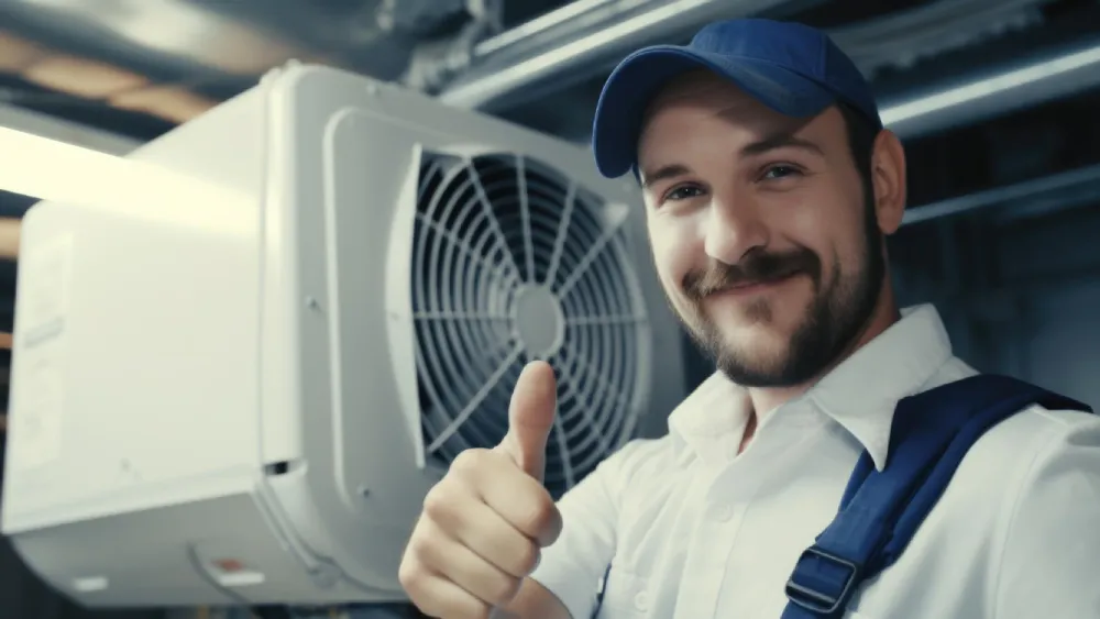 "Professional HVAC technician performing maintenance on an air conditioning unit."